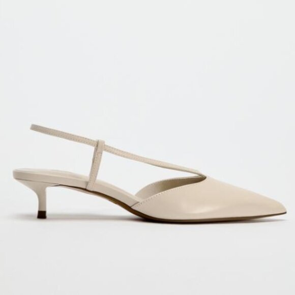 ZARA NWT LEATHER KITTEN HEEL SLINGBACKS WHITE CREAM 10 - Picture 4 of 6